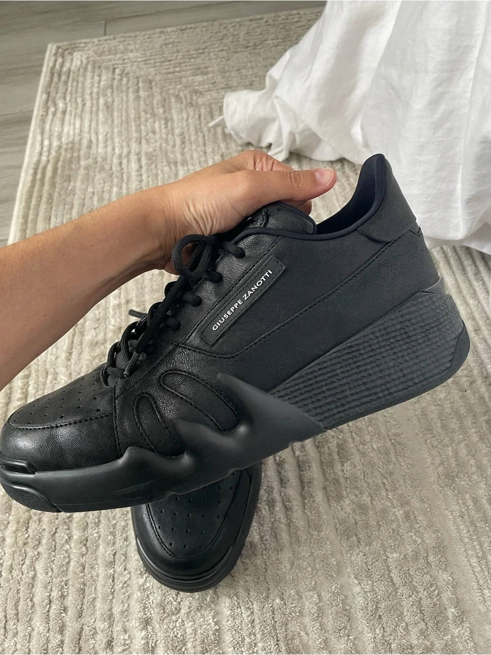 Giuseppe Zanotti Black Leather and Fabric Talon Low Top Wedge Sneakers